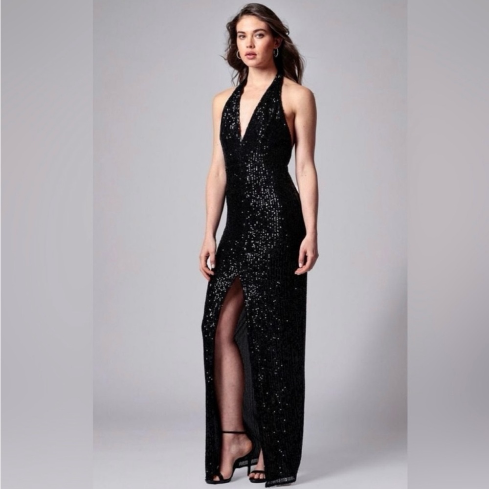 Jay Godfrey Elegant Black Sequin Halter Dress‎ Size 8
